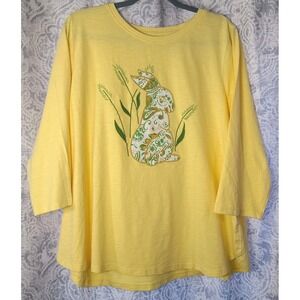Coldwater Creek Womens 1X Yellow Bunny Graphic Top Easter Spring 3/4 Sleeve Plus